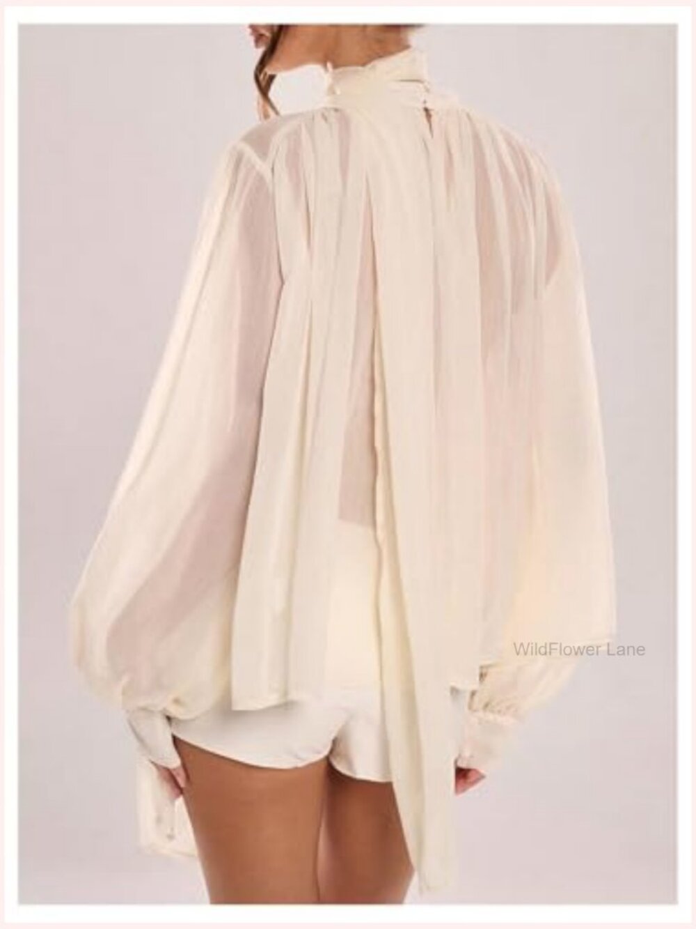 Women's Sheer Chiffon Blouse Lantern Long Sleeve Oversized Top with Scarf - Picture 2 of 6